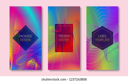 Vibrant packaging design with colorful dots and lines dispersion. Set of trendy labels templates. Iridescent backgrounds with frames for text.