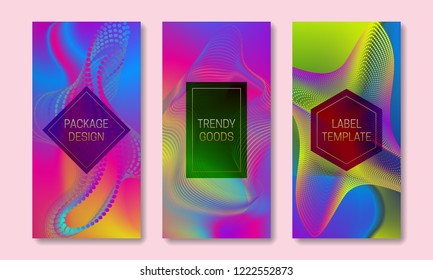 Vibrant packaging design with divergent point elements. Set of colorful labels templates. Futuristic backgrounds with frames for text.