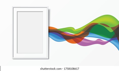Vibrant paint waves coming out of a blank white frame. Wooden frame with colorful paint splashes, hanging on the wall. Abstract artistic background for painting studio or creative design placement.