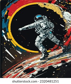 Vibrant painting of an astronaut adrift in colorful space. Astral exploration