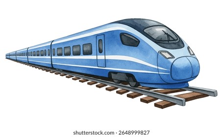 Pintura vibrante de um trem moderno em alta velocidade ao longo de trilhos, mostrando movimento dinâmico e cores vívidas. Perfeito para entusiastas de viagens, transporte e arte que buscam imagens únicas e atraentes