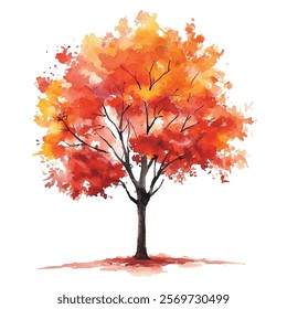 Vibrant  painting of a tree with autumn foliage in shades of red, orange, and yellow. Perfect for seasonal designs, nature-themed projects, and artistic decor.