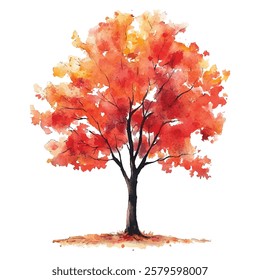 Vibrant  painting of a tree with autumn foliage in shades of red, orange, and yellow. Perfect for seasonal designs, nature-themed projects, and artistic decor.