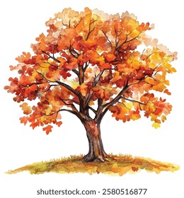 Vibrant  painting of a tree with autumn foliage in shades of red, orange, and yellow. Perfect for seasonal designs, nature-themed projects, and artistic decor.