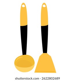 Um par vibrante de utensílios de cozinha, uma concha e espátula, apresentam design elegante e minimalista com alças amarelas e pretas.