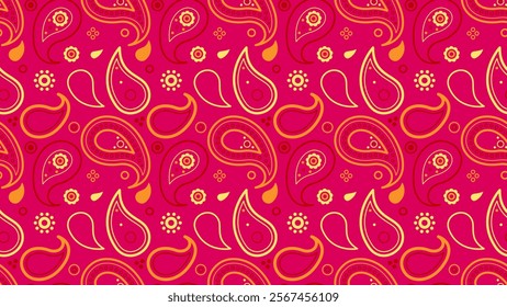 Vibrant paisley pattern in hot pink, gold, and red.  Perfect for textile design, wallpaper, packaging, or website backgrounds.  Bold, modern style with a touch of traditional flair.