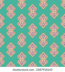 Vibrant paisley pattern on a teal background for textile design.