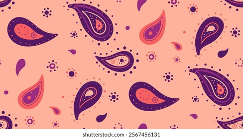 Vibrant paisley pattern in peach, purple, and coral.  Perfect for textiles, wallpapers, or website backgrounds.  Stylish and modern design with a touch of traditional flair.