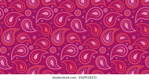 Vibrant paisley pattern in pink, orange, and maroon.  Perfect for textiles, website backgrounds, or decorative projects.  Stylish and eye-catching design with repeating motif.