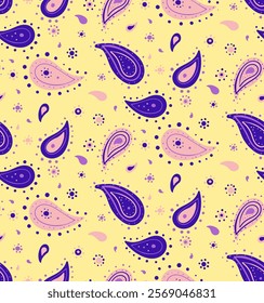 Vibrant paisley pattern in purple and pink on a pale yellow background. Perfect for textiles, fashion, or website design.