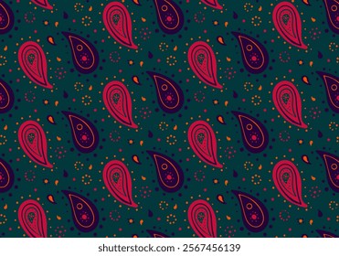 Vibrant paisley pattern with teal background.  Perfect for textiles, fashion, or website design.  Bold colors and intricate details create a rich, eye-catching design.