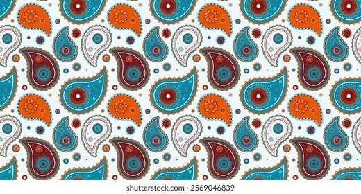 Vibrant paisley pattern in teal, orange, and maroon.  Perfect for textile design, wallpaper, or fashion projects.  Bold, intricate details create a rich, ethnic-inspired aesthetic.