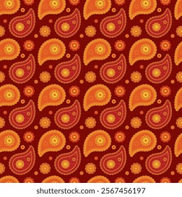 Vibrant paisley pattern in warm red and orange hues.  Perfect for textile design, wallpaper, or festive backgrounds.  Intricate details create a rich, luxurious feel.