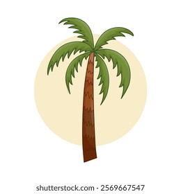 Vibrant palm tree with lush green fronds rises against soft yellow circle sun. This cheerful and colorful design evokes tropical atmosphere perfect for summer vibes. Isolated vector illustration.