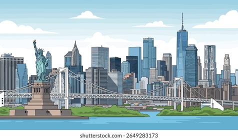 Vibrant Panoramic Cityscape Featuring Iconic Landmarks and Tall Skyscrapers Under a Bright Blue Sky
