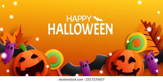 Uma ilustração vibrante em estilo de recorte de papel, perfeita para as celebrações de Halloween. Com abóboras sorridentes, morcegos, fantasmas e doces coloridos, este design festivo. Ilustração de vetor.