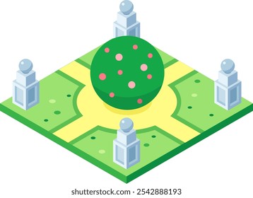 Vibrant park with blooming tree and street lamps in isometric view, creating a serene urban oasis perfect for relaxation and leisure