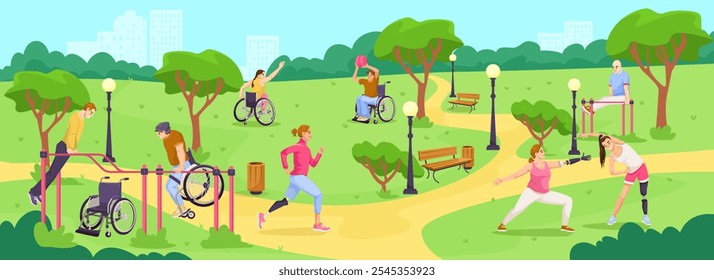 A vibrant park scene with diverse people engaging in sports and exercise. Vector illustration