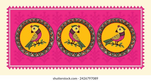 Loro Vibrante, Auténtica Obra Madhubani. Ilustración Aviar Colorida, Diseño De Loro Étnico, Exquisito Motivo De Pájaro.