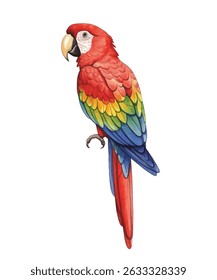Vibrant parrot illustration featuring a scarlet macaw with vivid red, yellow, and blue feathers. Ideal for tropical-themed designs, posters, invitations, and educational materials.