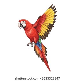 Vibrant parrot illustration featuring a scarlet macaw with vivid red, yellow, and blue feathers. Ideal for tropical-themed designs, posters, invitations, and educational materials.