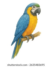Vibrant parrot illustration featuring a scarlet macaw with vivid red, yellow, and blue feathers. Ideal for tropical-themed designs, posters, invitations, and educational materials.