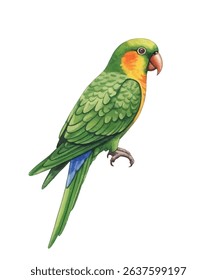 Vibrant parrot illustration featuring a scarlet macaw with vivid red, yellow, and blue feathers. Ideal for tropical-themed designs, posters, invitations, and educational materials.