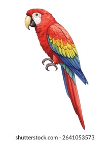 Vibrant parrot illustration featuring a scarlet macaw with vivid red, yellow, and blue feathers. Ideal for tropical-themed designs, posters, invitations, and educational materials.