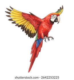 Vibrant parrot illustration featuring a scarlet macaw with vivid red, yellow, and blue feathers. Ideal for tropical-themed designs, posters, invitations, and educational materials.