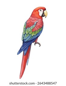 Vibrant parrot illustration featuring a scarlet macaw with vivid red, yellow, and blue feathers. Ideal for tropical-themed designs, posters, invitations, and educational materials.