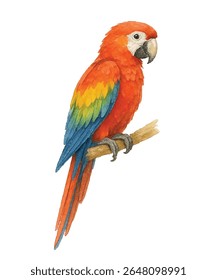 Vibrant parrot illustration featuring a scarlet macaw with vivid red, yellow, and blue feathers. Ideal for tropical-themed designs, posters, invitations, and educational materials.