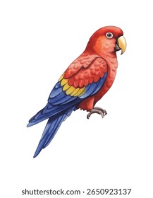 Vibrant parrot illustration featuring a scarlet macaw with vivid red, yellow, and blue feathers. Ideal for tropical-themed designs, posters, invitations, and educational materials.