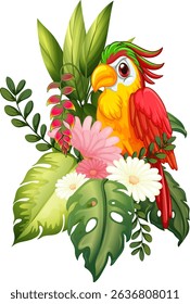 Vibrant parrot perched among lush tropical flowers and green leaves