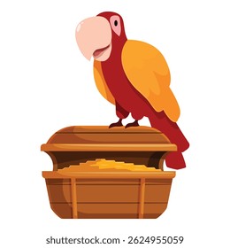 Vibrant parrot perched atop an open wooden treasure chest overflowing with gold, a symbol of pirate's loot and adventure