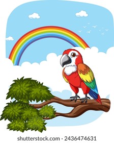 Vibrant parrot perched on tree branch, rainbow background
