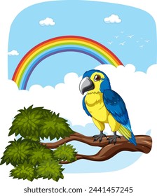 Vibrant parrot perched on tree branch, rainbow backdrop.