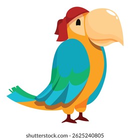 Vibrant parrot with a red bandana stands proudly, showcasing its colorful plumage
