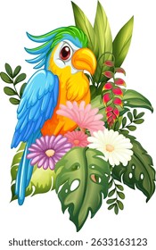 Vibrant parrot surrounded by lush tropical flowers and green foliage
