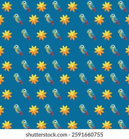 Vibrant Parrots and Tropical Flowers in Repeating Pattern on Blue Background