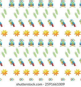 Vibrant Parrots and Tropical Flowers in Repeating Pattern on White