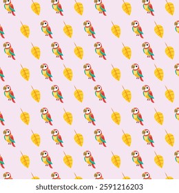 Vibrant Parrots and Yellow Leaves Seamless Pattern on Light Pink Background