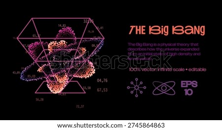 Vibrant particle explosion in pink orange purple forming cosmic diamond shape on black. Conceptual vector illustration for Big Bang theory, universe origin, cosmology expansion.