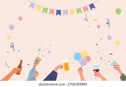 Fundo vibrante da celebração da festa com bebidas, confetes e balões