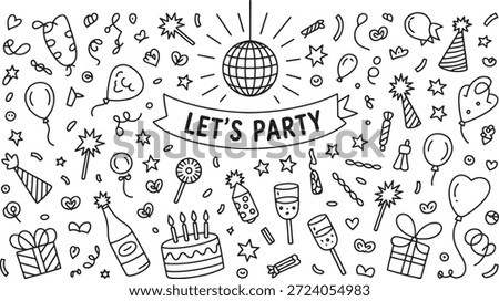 Vibrant party elements including disco balls, balloons, and confetti surround a let’s party text banner in a black and white doodle style, creating a lively celebratory atmosphere.