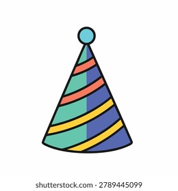 A vibrant party hat featuring diagonal colored stripes and a small pom pom on top isolated on a white background