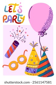 Vibrant party-themed card featuring balloons, confetti poppers, party hats, and glasses. Ideal for celebration invitations, festive cards, posters, or party decor designs. Vector illustration