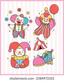 Vibrant Pastel Clown Characters Clowncore Cartoon Hand Drawn Doodle set