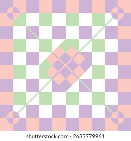 Vibrant Pastel Geometric Pattern Checkerboard, Circles, and Diagonal Diamond Design