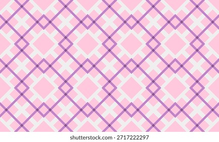Vibrant pastel geometric seamless pattern with intersecting purple lines creating a playful diamond and rhombus grid design on a soft pink background