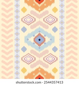 Vibrant Pastel Ikat Pattern with Diamond, Chevron, and Geometric Accents - Ethnic-Inspired Design for Textiles, Wallpaper, and Home Decor in Soft, Warm Tones